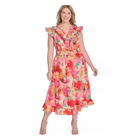 Vince Camuto Womens Floral Ruffle V-Neck Tiered Midi Dress Pink Orange Size 16 - Picture 5 of 8